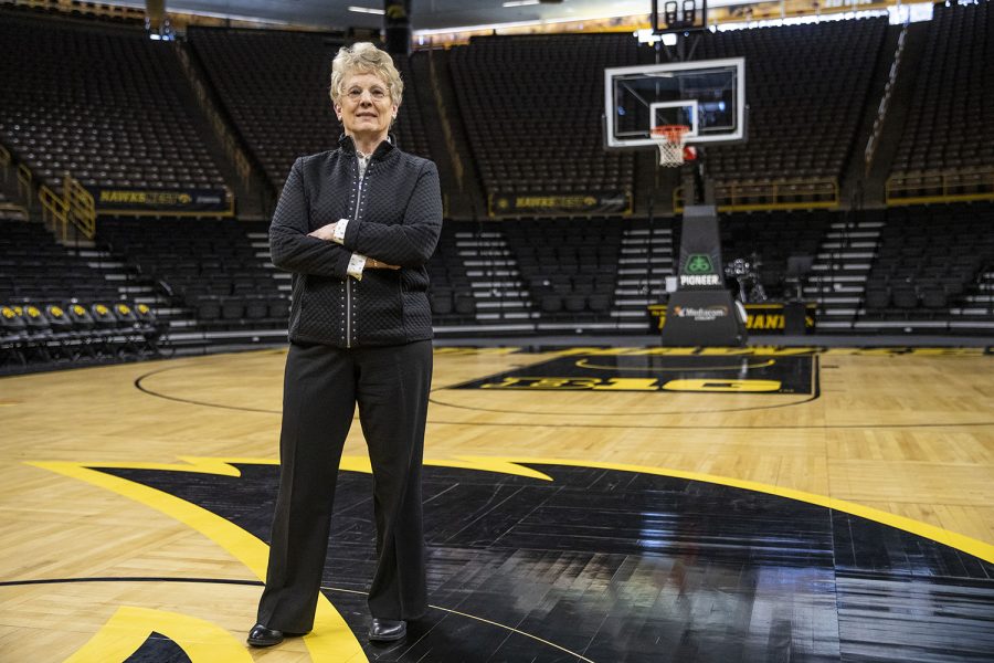 Iowa’s Deputy Director of Athletics, Senior Women’s Administrator, and Chief Operating Officer Barbara Burke poses for a portrait in Carver-Hawkeye Arena on Friday, Feb. 18, 2022. 
