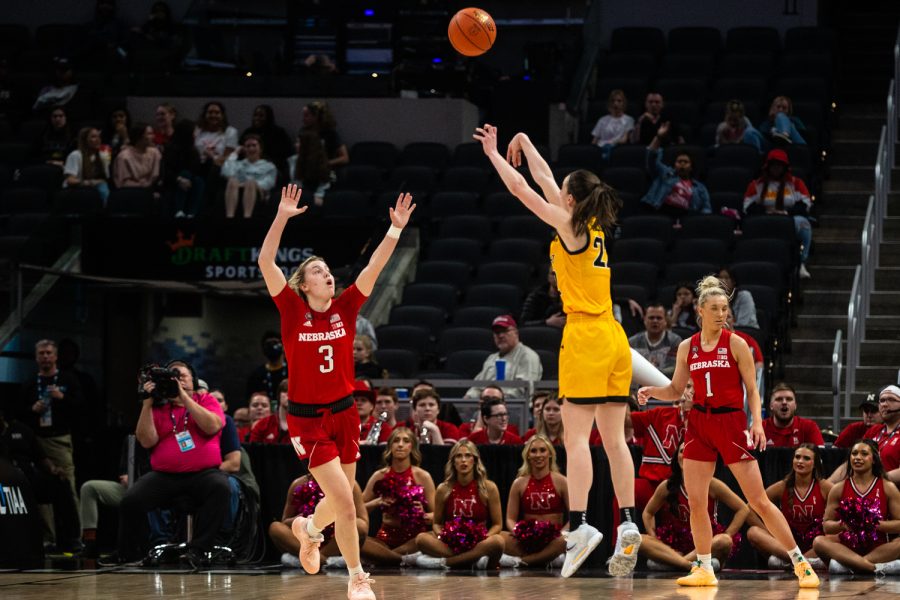 Iowa guard Caitlin Clark shoots the ball during a basketball game between No. 2 Iowa and No. 6 Nebraska during the Big Ten Womens Basketball Tournament at Gainbridge Fieldhouse in Indianapolis on Saturday, March 5, 2022.
