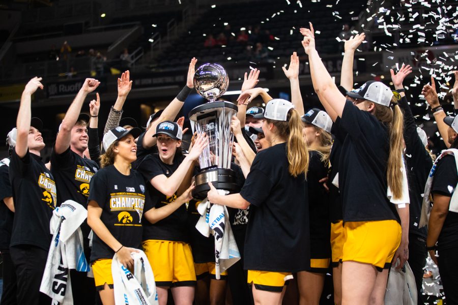 Iowa celebrates after a basketball game between No. 2 Iowa and No. 5 Indiana during the Big Ten Womens Basketball Tournament Championship Game at Gainbridge Fieldhouse in Indianapolis on Sunday, March 6, 2022. The Hawkeyes beat the Hoosiers 74-67. 