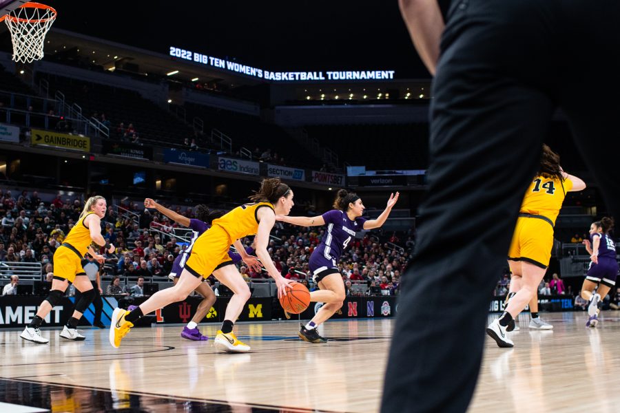 Iowa guard Caitlin Clark takes back the ball during a basketball game between No. 2 Iowa and No. 7 Northwestern during the Big Ten Womens Basketball Tournament at Gainbridge Fieldhouse in Indianapolis,  on Friday, March 4, 2022. 