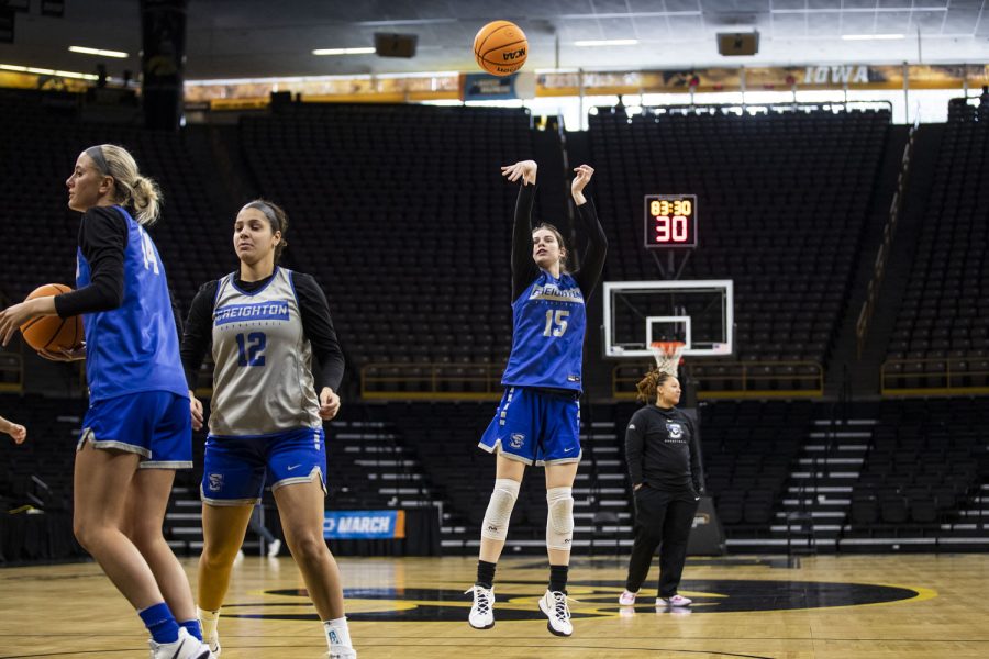 Creighton guard and former Iowa player Lauren Jensen shoots the ball during the 2022 NCAA First Round women’s basketball pre-game press conferences and open practices at Carver-Hawkeye Arena on Thursday, March 17, 2022. Jensen previously appeared in 18 Iowa games during her freshman year.