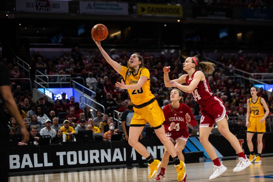 Iowa guard Kate Martin shoots the ball during a basketball game between No. 2 Iowa and No. 5 Indiana during the Big Ten Womens Basketball Tournament Championship Game at Gainbridge Fieldhouse in Indianapolis on Sunday, March 6, 2022. Martin bucketed 14 points. The Hawkeyes beat the Hoosiers 74-67. 