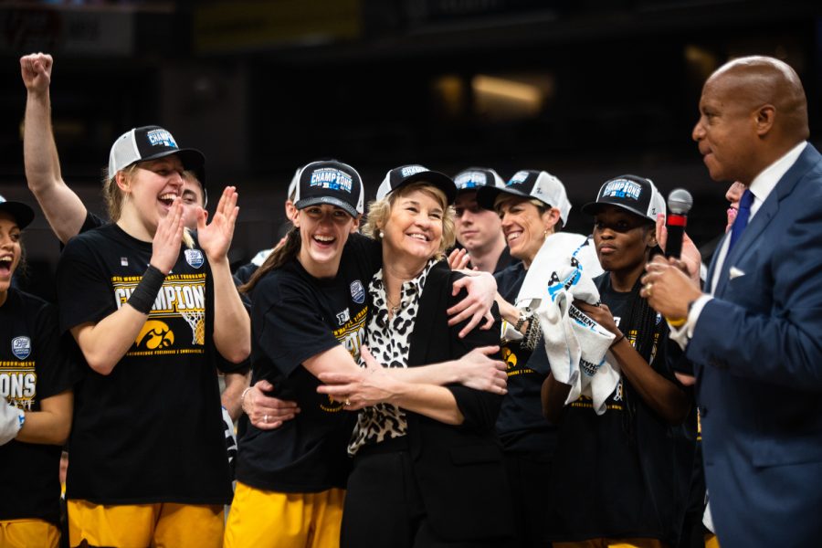 Iowa guard Caitlin Clark hugs head coach Lisa Bluder after a basketball game between No. 2 Iowa and No. 5 Indiana during the Big Ten Womens Basketball Tournament Championship Game at Gainbridge Fieldhouse in Indianapolis on Sunday, March 6, 2022. The Hawkeyes beat the Hoosiers 74-67.