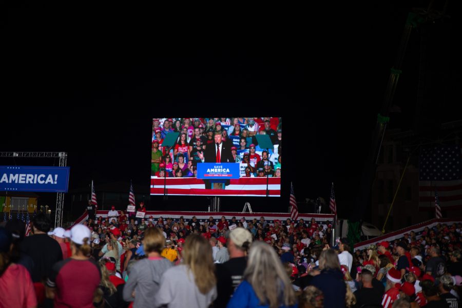 Former President Donald Trump addresses the thousands of attendees that showed up for Donald Trump’s “Save America” rally in Des Moines, Iowa on Saturday, Oct. 9, 2021.
