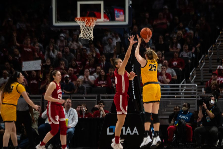 Iowa center Monika Czinano shoots the ball during a basketball game between No. 2 Iowa and No. 5 Indiana during the Big Ten Womens Basketball Tournament Championship Game at Gainbridge Fieldhouse in Indianapolis on Sunday, March 6, 2022.
