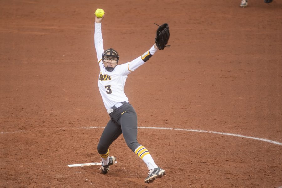 Iowa right-handed pitcher Breanna Vasquez throws a pitch during a softball game between Iowa and Wisconsin at Bob Pearl Field in Iowa City on Friday, March 25, 2022. Vasquez threw 102 total pitches. The Badgers defeated the Hawkeyes, 10-5.