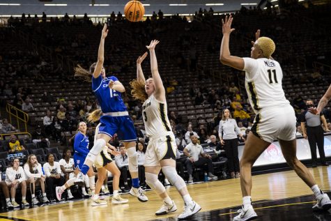 Creighton guard Lauren Jensen goes up for a layup during a First Round NCAA women’s basketball tournament game against No. 7 Colorado and No. 10 Creighton in Carver-Hawkeye Arena on Friday, March 18, 2022. Jensen played for 34 minutes and scored 16 points.