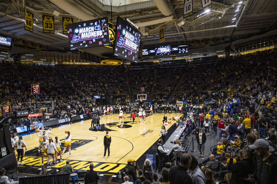 No. 2 Iowa and No. 15 Illinois State warm up before a First Round NCAA women’s basketball tournament game in sold-out Carver-Hawkeye Arena on Friday, March 18, 2022. The Hawkeyes defeated the Redbirds, 98-58, advancing to the second round of the tournament.