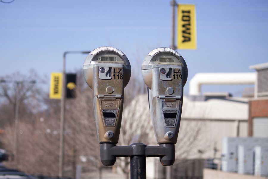 A parking meter is seen outside of the University of Iowa West Campus Transportation Center in Iowa City on Wednesday, March 2, 2022. 