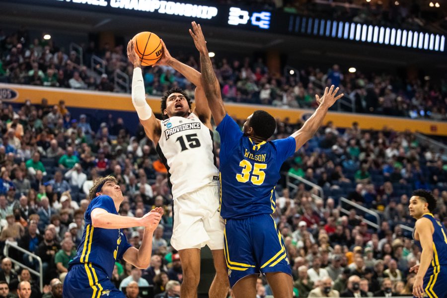 Providence forward Justin Minaya shoots the ball during the first round of the NCAA Mens Championship between the Providence Friars and the South Dakota State Jackrabbits at KeyBank Center in Buffalo, N.Y., on Thursday, March 17, 2022. 