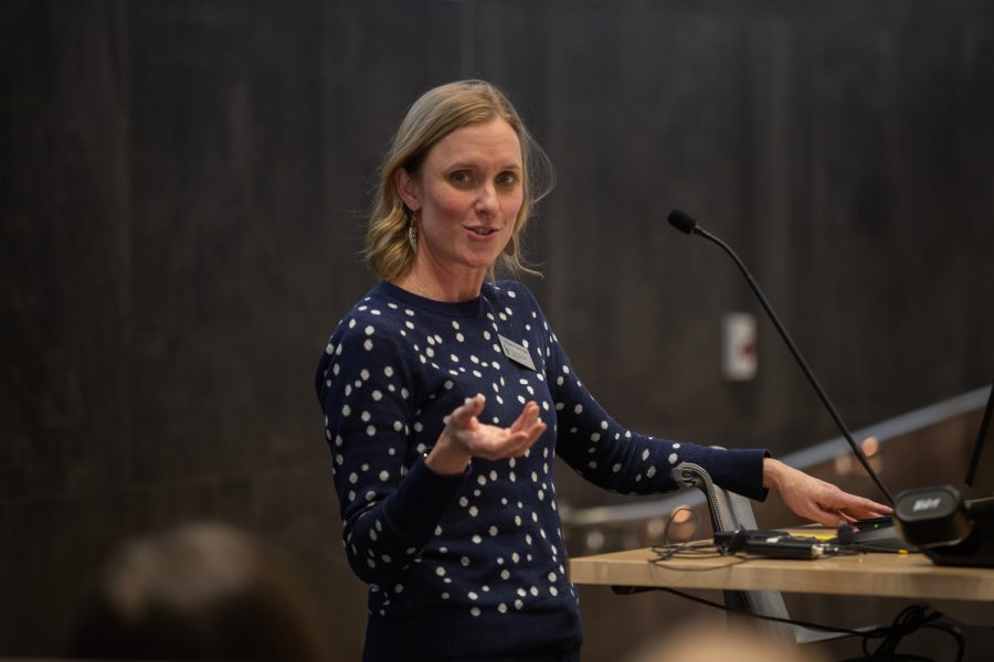 Senior Director of University of Iowa Wellness, Megan Hammes, gives an updates about LiveWELL to the UI Staff Council on Wednesday, March 9, 2022.