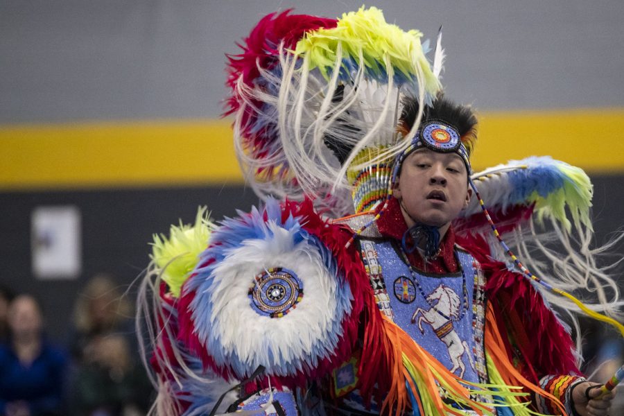 Attendee Darrell Hill Jr. performs during the 26th annual University of Iowa Powwow at the Fieldhouse in Iowa City on Saturday, April 2, 2022.