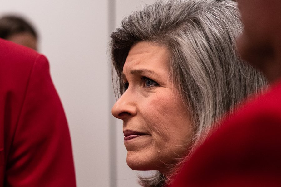 Sen. Joni Ernst, R-Iowa, talks with constituents at an early morning meeting in the Hart Senate Office Building in Washington, D.C. on Wednesday, April 6, 2022.