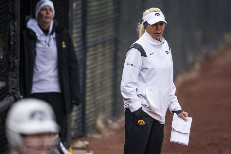 Iowa head coach Renee Gillispie yells during a softball game between Iowa and Drake at Pearl Field in Iowa City, Iowa, on Wednesday, April 6, 2022. The Hawkeyes defeated the Bulldogs, 3-2.
