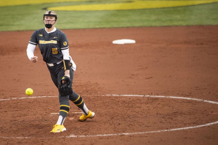 Iowa pitcher Denali Loecker throws a pitch during a softball game between Iowa and Drake at Pearl Field in Iowa City, Iowa, on Wednesday, April 6, 2022. Loecker pitched for five innings. The Hawkeyes defeated the Bulldogs, 3-2.