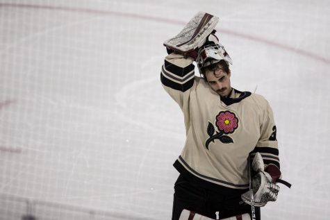 Iowa goalie Corbin Kaczperski reacts after a goal during a hockey match between Iowa and Wheeling at Xtream Arena in Coralville on Wednesday, April 6, 2022. The Nailers defeated the Heartlanders, 6-4. 