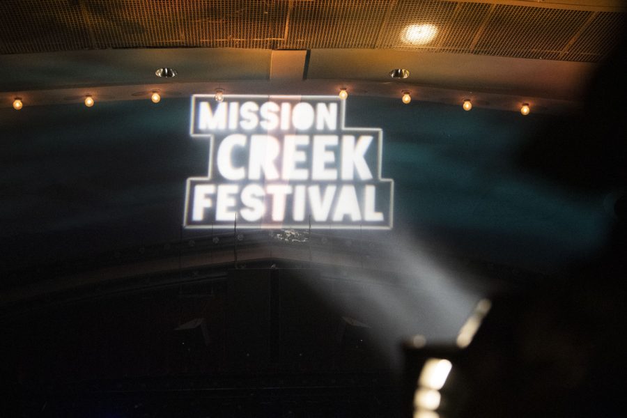 The Mission Creek Festival logo is displayed at Englert Theater on the first day of the Mission Creek Festival in Iowa City on Thursday, April 7, 2022. The musical performances are being held at Englert Theatre, Riverside Theatre, and Gabe’s for the remaining two days of the festival.