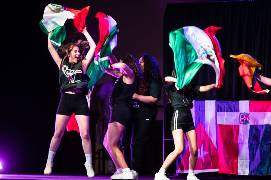 Performers+representing+Latin+America+dance+at+the+Walk+it+Out%3A+Multicultural+Fashion+Show+at+the+Iowa+Memorial+Union+in+Iowa+City+on+Saturday%2C+April+9%2C+2022.+Seven+cultural+groups+were+represented.