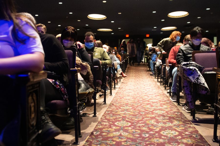 Audience members file into Englert Theatre during day three of the Mission Creek Festival in Iowa City on Saturday, April 9, 2022.