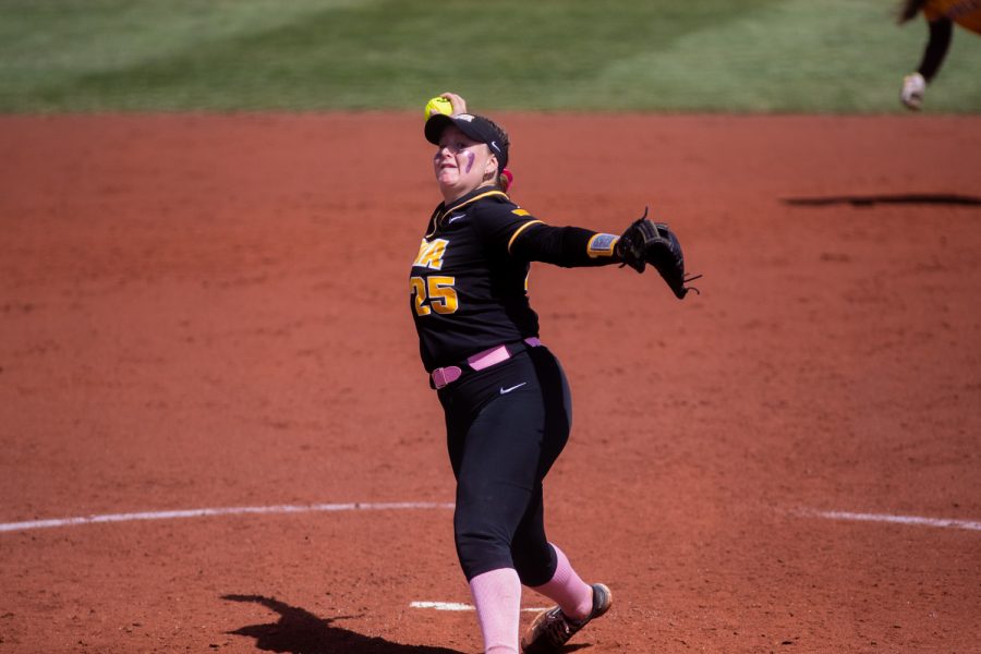 Iowa pitcher Devyn Greer pitches the ball during a softball game between Iowa and Minnesota at Pearl Field in Iowa City on Sunday, April 10, 2022. Greer played for two innings and had zero strikeouts. The Golden Gophers defeated the Hawkeyes, 10-2.