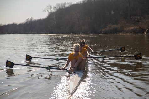 A 4-woman row squad rows on the Iowa River during an Iowa rowing practice on Monday, April 11, 2022. The rowing team competes in the Big Ten Invitational in Sarasota, Florida, on Friday and Saturday.