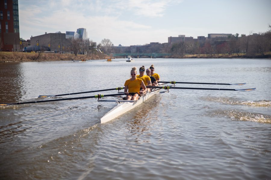 Row squads move on the Iowa River during an Iowa rowing practice on Monday, April 11, 2022. The rowing team competes in the Big Ten Invitational in Sarasota, Florida, on Friday and Saturday.
