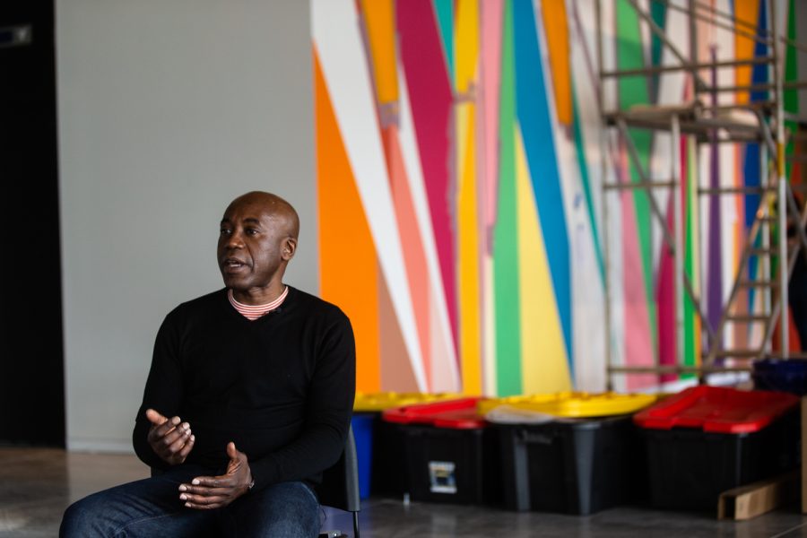 Artist Odili Donald Odita responds to questions from the media at the Stanley Museum of Art at the University of Iowa on Tuesday, April 12, 2022. The Stanley Museum of Art is slated to open to the public on August 26, 2022.