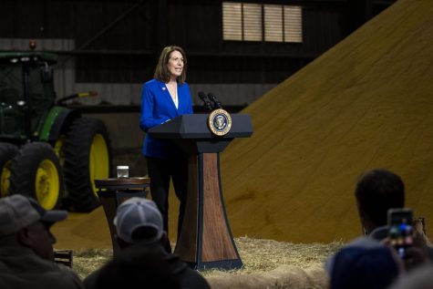 U.S. Rep. Cindy Axne, D-Iowa, speaks during President Joe Biden’s visit at the POET Bioprocessing ethanol plant in Menlo, Iowa, on Tuesday, April 12, 2022. Axne attended the visit with Biden.