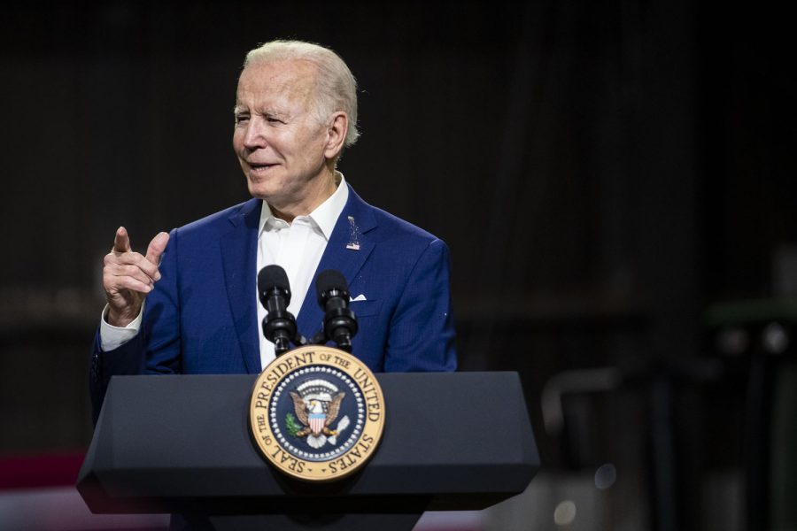 President Joe Biden speaks during his visit at the POET Bioprocessing ethanol plant in Menlo, Iowa, on Tuesday, April 12, 2022. Biden announced the Environment Protection Agency will make E15 available through the summer months.