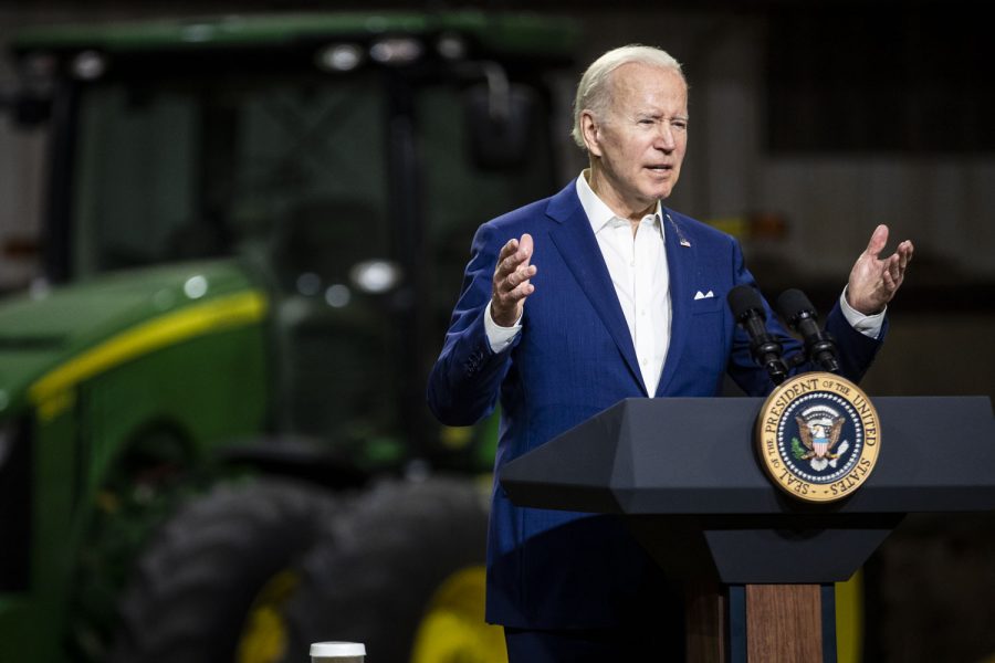 President Joe Biden speaks during his visit at the POET Bioprocessing ethanol plant in Menlo, Iowa, on Tuesday, April 12, 2022. Biden also commneted on infrastructure investments to help rural communities.