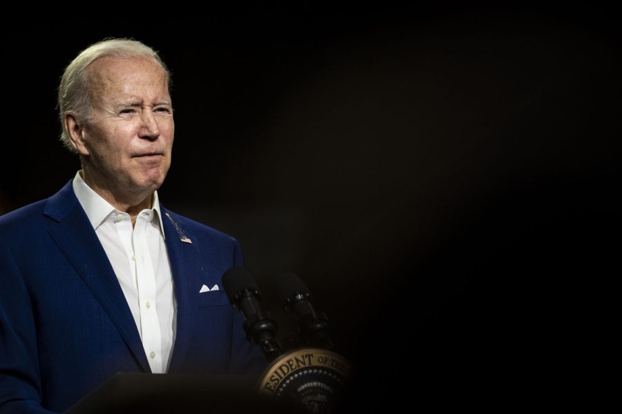 President Joe Biden reacts during his visit at the POET Bioprocessing ethanol plant in Menlo, Iowa, on Tuesday, April 12, 2022.