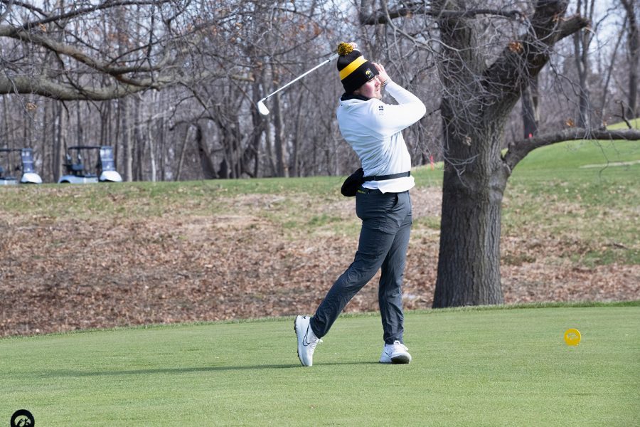 Iowa’s Mac McClear swings his golf club during the 2022 men’s golf Hawkeye Invitational at Finkbine Golf Course on April 16, 2022.