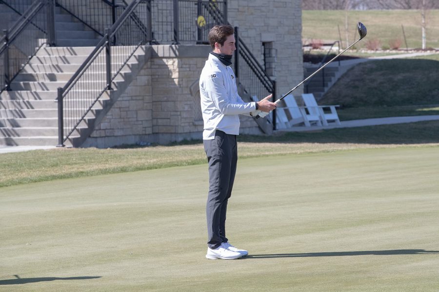 Iowa’s Callum Macfie prepares for a putt during the 2022 men’s golf Hawkeye Invitational at Finkbine Golf Course on April 16, 2022.