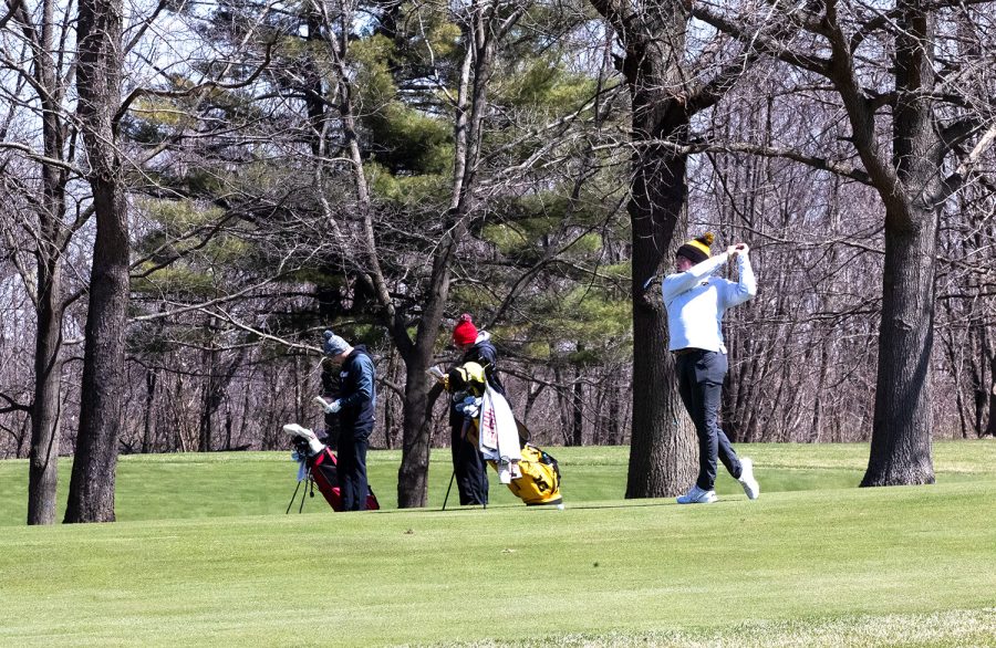 Iowa’s Mac McClaer swings a club during the 2022 men’s golf Hawkeye Invitational at Finkbine Golf Course on April 16, 2022.