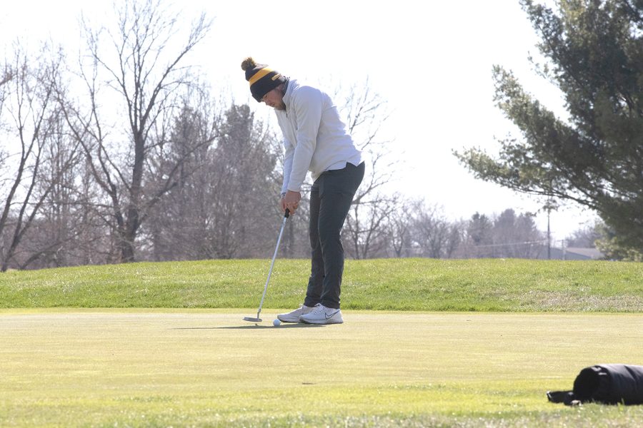 Iowa’s Mac McClaer prepares to putt the ball during the 2022 men’s golf Hawkeye Invitational at Finkbine Golf Course on April 16, 2022.