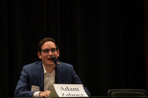Adam Zabner, democratic candidate running for Iowa House District 90, speaks during the University of Iowa Faculty Staff Legislative Forum at the Iowa Memorial Union on Monday, April 18, 2022. 