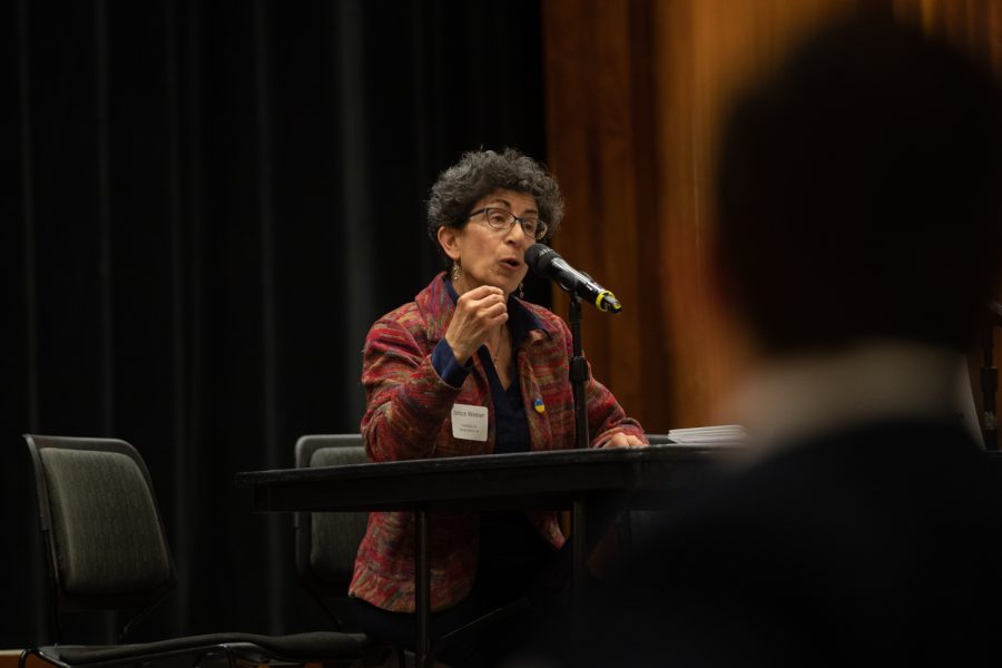 Janice Weiner, democratic candidate running for Iowa Senate District 45, speaks during the University of Iowa Faculty Staff Legislative Forum at the Iowa Memorial Union on Monday, April 18, 2022. 