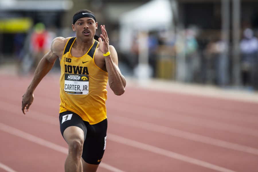 Iowa+men%E2%80%99s+100-meter+dash+sprinter+James+Carter+Jr.+runs+during+the+Musco+Twilight+at+Francis+X.+Cretzmeyer+Track+in+Iowa+City+on+Saturday%2C+April+23%2C+2022.+Carter+Jr.+placed+14th+in+the+event+after+a+time+of+10.72.+Iowa+hosted+its+only+outdoor+meet+this+season.