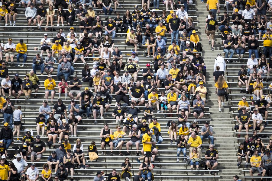 Iowa fans applaud during a spring practice at Kinnick Stadium on Saturday, April 23, 2022.