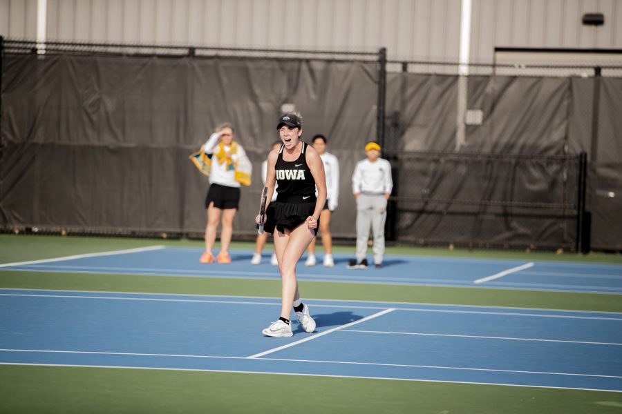 Iowa’s Samantha Mannix celebrates her win during a women’s tennis match between Iowa and Michigan State at the Hawkeye Tennis & Recreation Complex on Wednesday, April 27, 2022. Mannix’s win allowed the team to move up in the BIG 10 championship. The Hawkeyes defeated the Spartans, 4- 3.