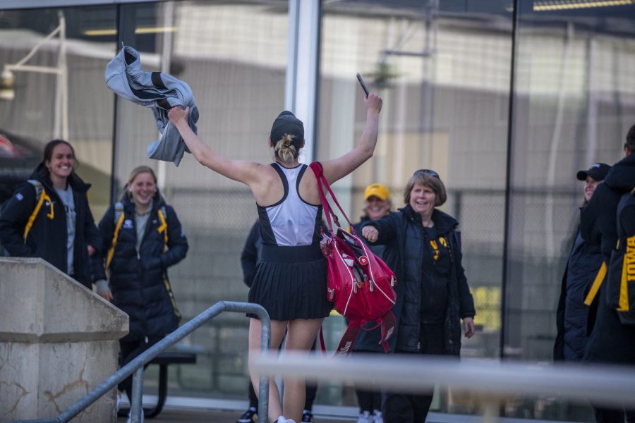 Iowa’s Samantha Mannix celebrates her win after a women’s tennis match between Iowa and Michigan State at the Hawkeye Tennis & Recreation Complex on Wednesday, April 27, 2022. The Hawkeyes defeated the Spartans, 4- 3.