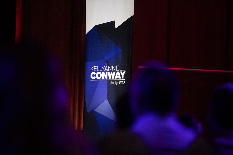 A sign is seen as former Trump Advisor Kellyanne Conway’s visit to the University of Iowa at the Iowa Memorial Union on Thursday, April 28, 2022. Iowa Young America’s Foundation organized the event. 