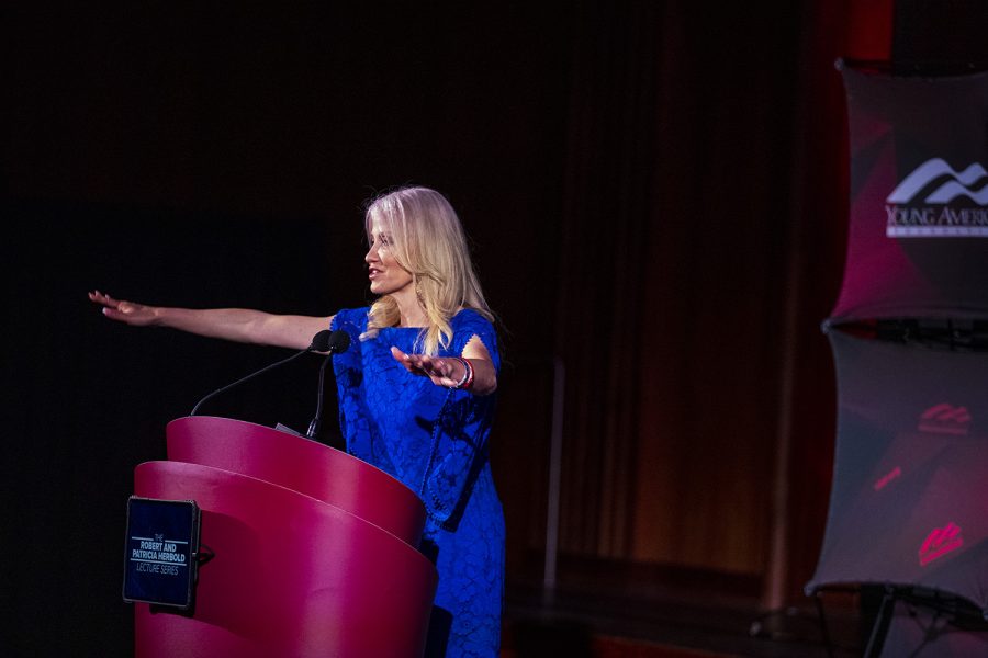 Former Trump Advisor, Kelly Anne Conway, 
During her visit to the University of Iowa at the Iowa Memorial Union on Thursday, April 28, 2022. Iowa Young America’s Foundation organized the event. 