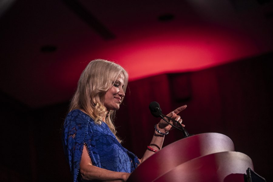 Former Trump advisor Kellyanne Conway speaks  
during her visit to the University of Iowa at the Iowa Memorial Union on Thursday, April 28, 2022. Iowa Young America’s Foundation organized the event. 