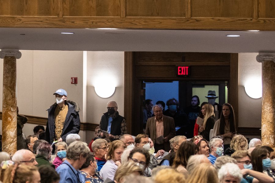 Attendees filter in before a planting ceremony for an Anne Frank sapling at MacBride Hall at the University of Iowa on Friday, April 29, 2022. The sapling was propagated from the chestnut tree behind the annex where Anne and family hid. 