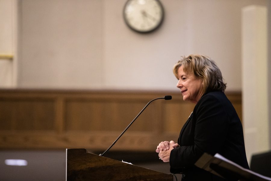 University of Iowa president Barbara Wilson speaks at a planting ceremony for an Anne Frank sapling at MacBride Hall at the University of Iowa on Friday, April 29, 2022. The sapling was propagated from the chestnut tree behind the annex where Anne and family hid.