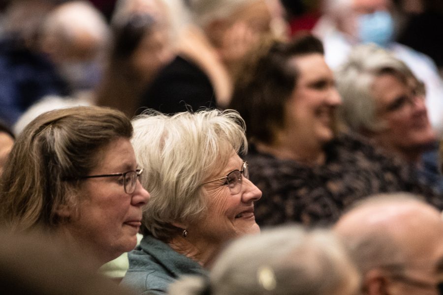 Attendees smile at a planting ceremony for an Anne Frank sapling at MacBride Hall at the University of Iowa on Friday, April 29, 2022. The sapling was propagated from the chestnut tree behind the annex where Anne and family hid.