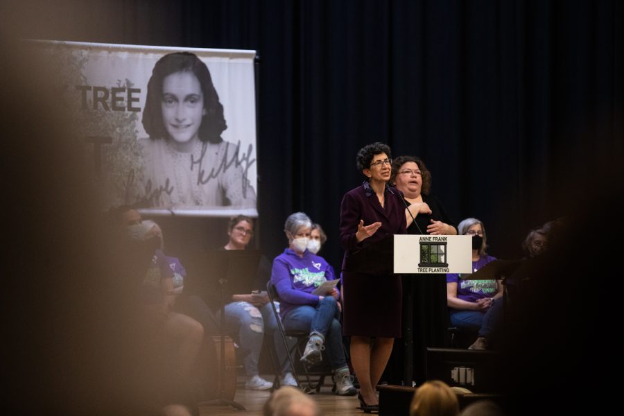 Iowa City city councillor Janice Weiner speaks at a planting ceremony for an Anne Frank sapling at MacBride Hall at the University of Iowa on Friday, April 29, 2022. The sapling was propagated from the chestnut tree behind the annex where Anne and family hid.