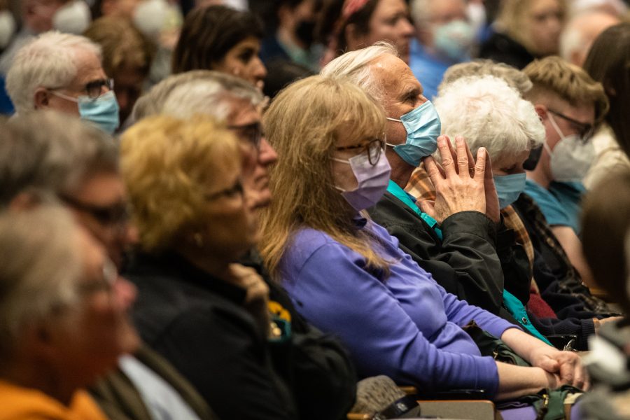 Attendees listen to a speaker at a planting ceremony for an Anne Frank sapling at MacBride Hall at the University of Iowa on Friday, April 29, 2022. The sapling was propagated from the chestnut tree behind the annex where Anne and family hid.