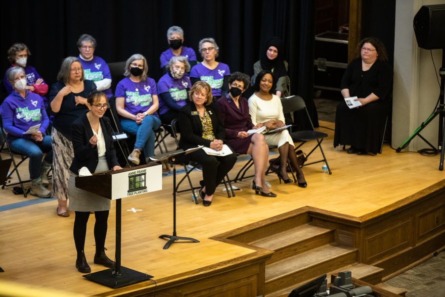 Rabbi Esther Hugenholtz speaks at a planting ceremony for an Anne Frank sapling at MacBride Hall at the University of Iowa on Friday, April 29, 2022. The sapling was propagated from the chestnut tree behind the annex where Anne and family hid.